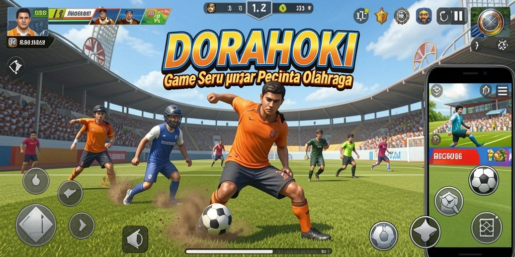 Tampilan gameplay seru DORAHOKI yang penuh aksi olahraga.