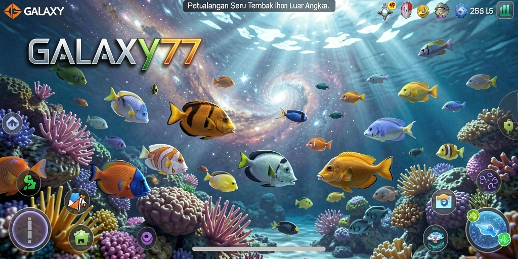 Tampilan gameplay <strong>GALAXY77</strong> menampilkan aksi menembak ikan yang mendebarkan.