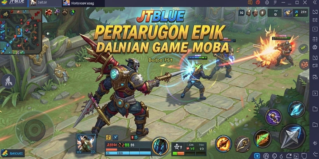 Screenshot utama JTBLUE menampilkan aksi seru dalam pertempuran MOBA.