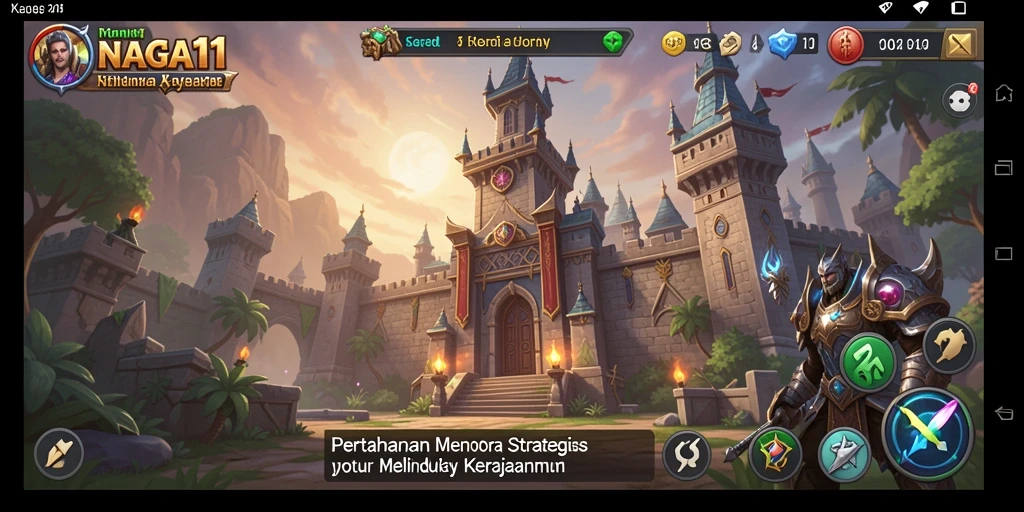 Screenshot gameplay NAGA11 menampilkan menara yang siap mempertahankan kerajaan dari serangan musuh.