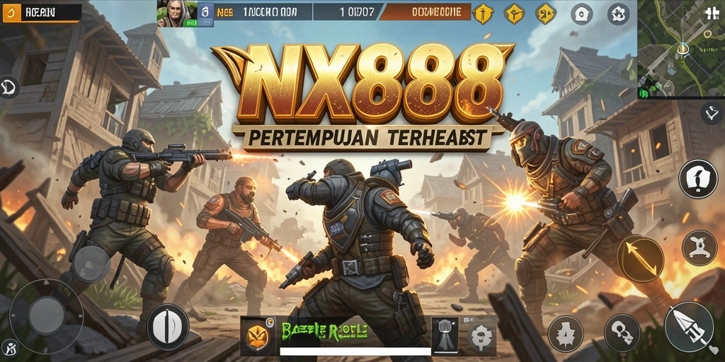 Tampilan gameplay NX888 menampilkan aksi intens dalam Battle Royale.