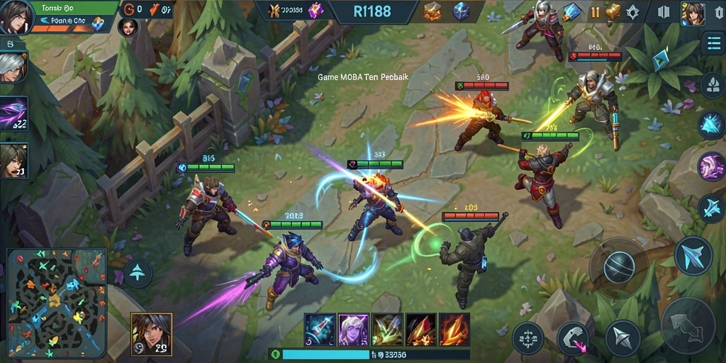 Screenshot utama RI188 menampilkan aksi seru dalam pertarungan MOBA.
