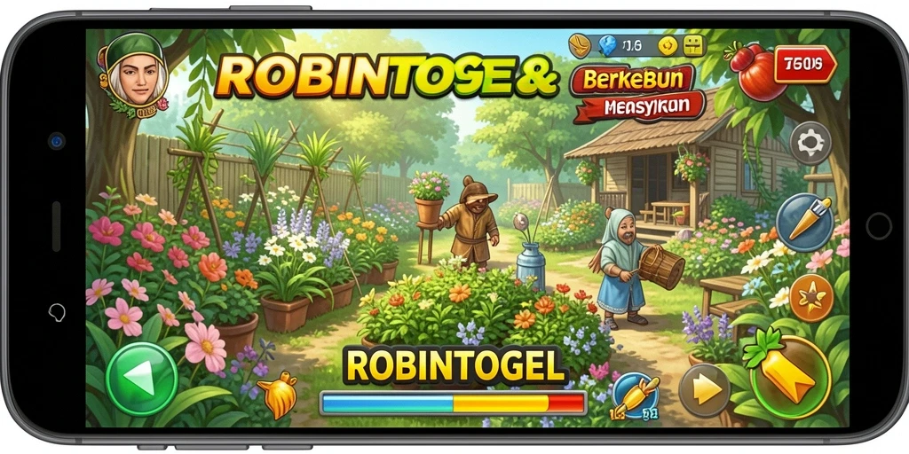 Screenshot utama menunjukkan kebun yang indah dalam ROBINTOGEL.