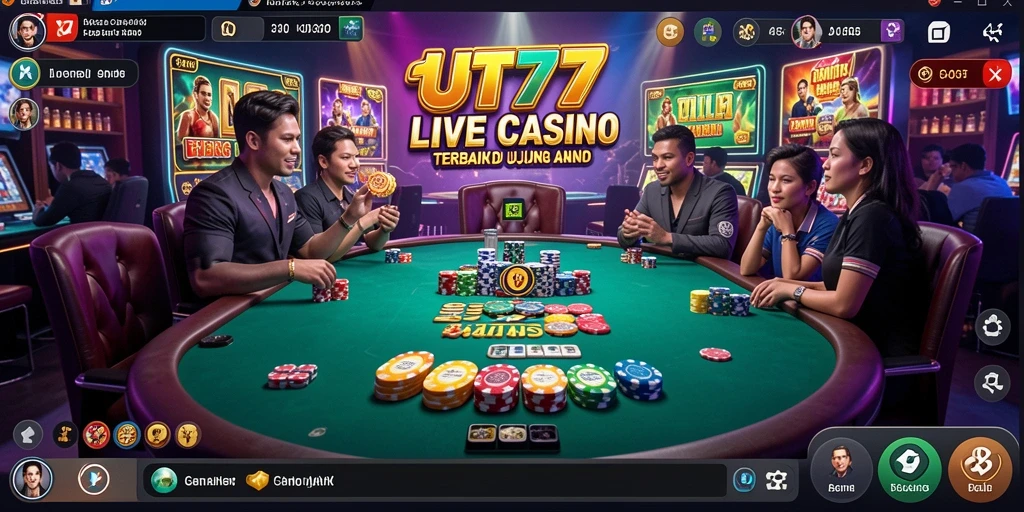 Screenshot utama UT77 menampilkan dealer profesional dan gameplay kasino langsung yang menarik.