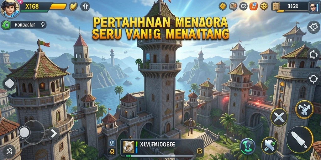 Screenshot gameplay X168 menunjukkan aksi seru dalam pertahanan menara.